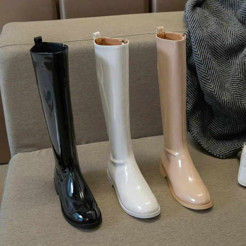 

Patent Leather Women Knee High Boots Comfortable Square Heel Round Toe Women's Shoes Side Zipper Ladies Motorcycle Boots