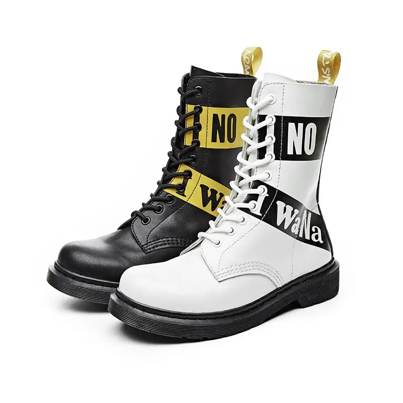 

British Motorcycle Boots Women Flat Shoes Snow Boots White Fashion Genuine Leather Graffiti Lace-up Ladies Boots 10 Holes