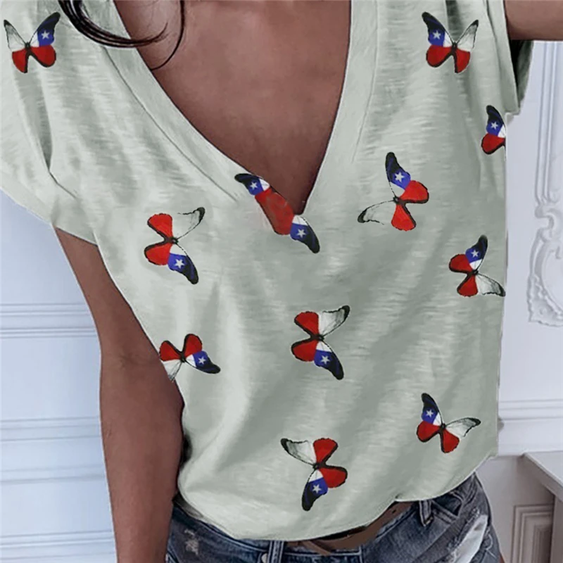 

XS-2XL Oversized Short Sleeve V-Neck Women Butterfly Printed T Shirt Casual Loose Tops Summer Tee Shirt For Women Clothes