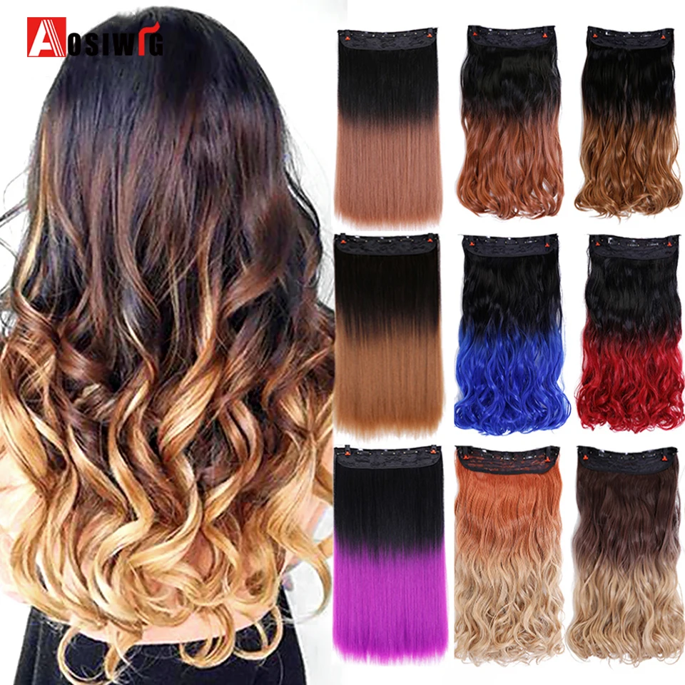 

AOSIWIG Long Wavy Heat Resistant Synthetic Fake Hair Pieces Purple Blue Gray Ombre Color Clip In Hair Extension