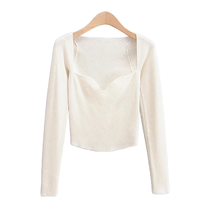 

Sexy Y2K Square Neck Ribbed Knitted Sweater Women Badycon High Stretch Solid Color Tops Elegant Casual Office Spring Pullovers