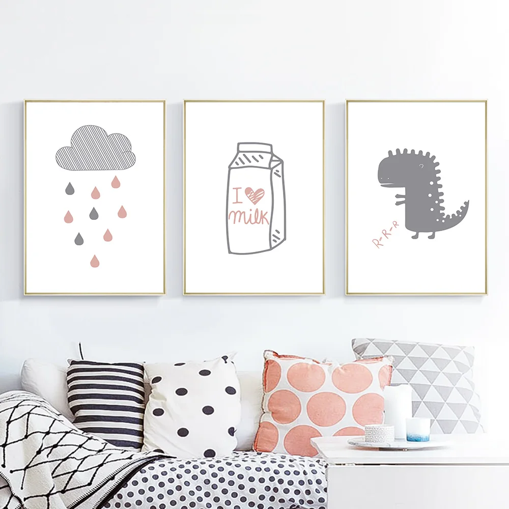 Мультфильм розовый динозавр скандинавский постер холст постеры с облаками и