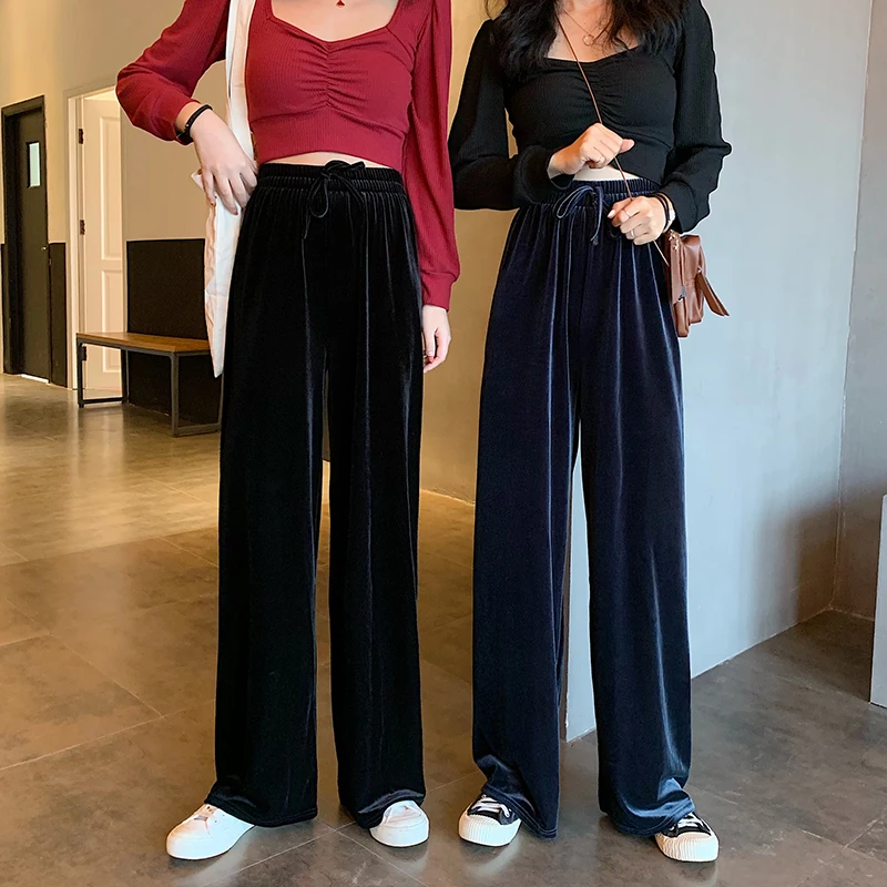 

Women Straight Pleuche Pants Wide Leg High Waist Full Length Velvet Korean Winter Streetwear Loose Warm Famale Casual Trousers