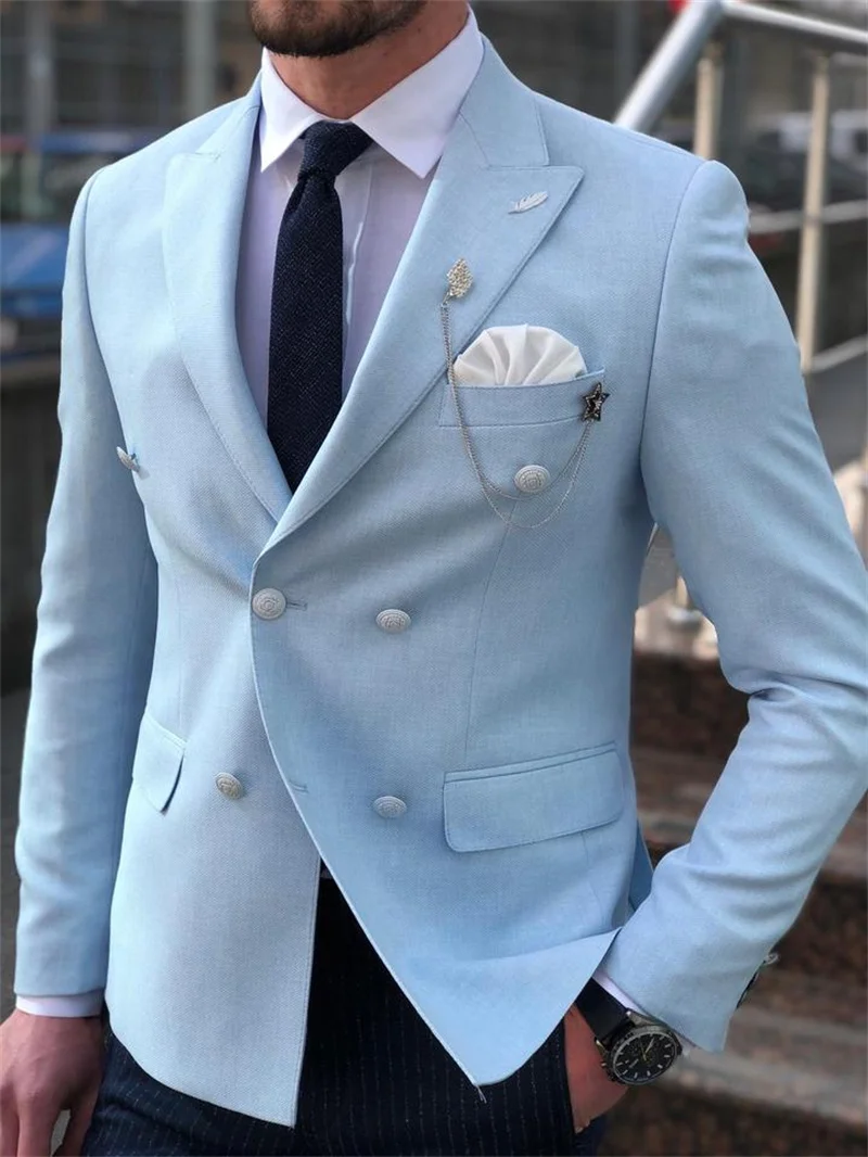 

Sky Blue Men Suits 2 Pieces Modern Custom Made Handsome Wedding Suits Fit Slim Formal Coat+Pinstripe Black Pant