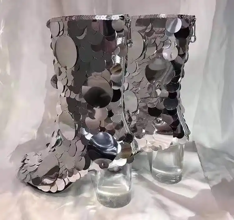 2019 г. женские ботильоны для подиума с серебристыми блестками ботинки на не