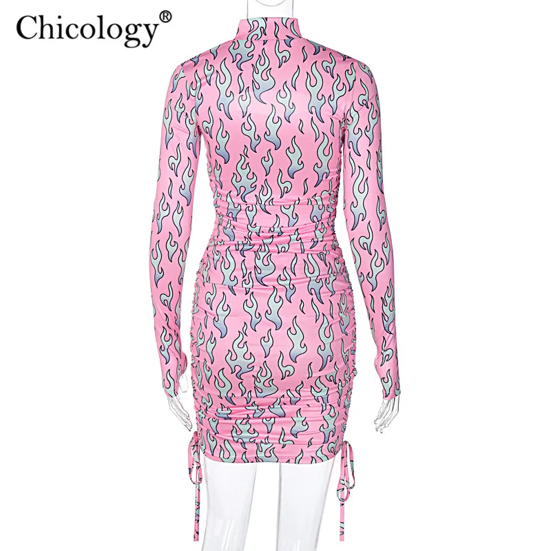 Chicology розовый огонь Y2K милое платье с длинным рукавом Bodycon Вечерние Клубные наряды