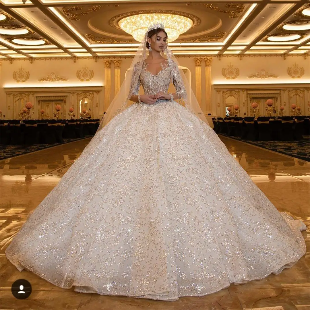 

2021 Giltter Retro Wedding Dress Long Sleeves Lace Appliques Sequined Bridal Gowns Saudi Arabic Plus Size vestido de novia