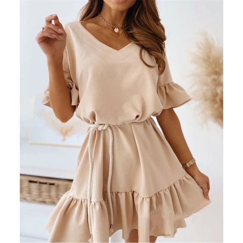 

2021 Summer Solid Ruffle Short Sleeve Hem Pleated Sexy Office Dress For Women
