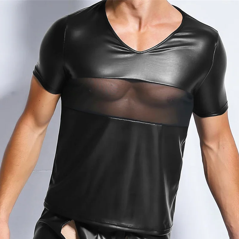 

Sexy Men Undershirts Tops PU Leather Mesh Short Sleeve Male Patchwork Shirts Stage Dance Clubwear Mens Underwear Catsuit Wetlook