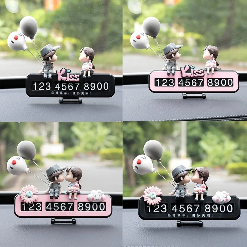 Car Temporary Parking Number Plate Decoration Cute Cartoon Couples Action Figures Ornaments Auto Accessoires Interior for Women