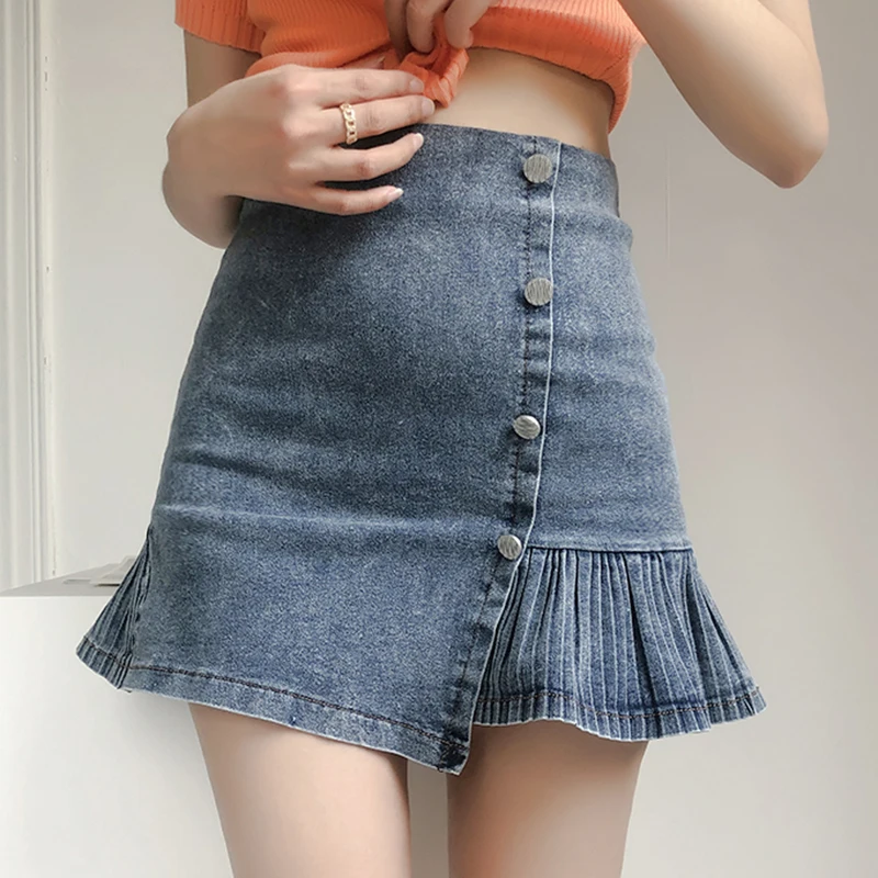 

High Waist Irregular Denim Skirts Women Summer Ruffles Jeans Skirts Korean Sexy Pleated Mini Skirts jupe femme faldas