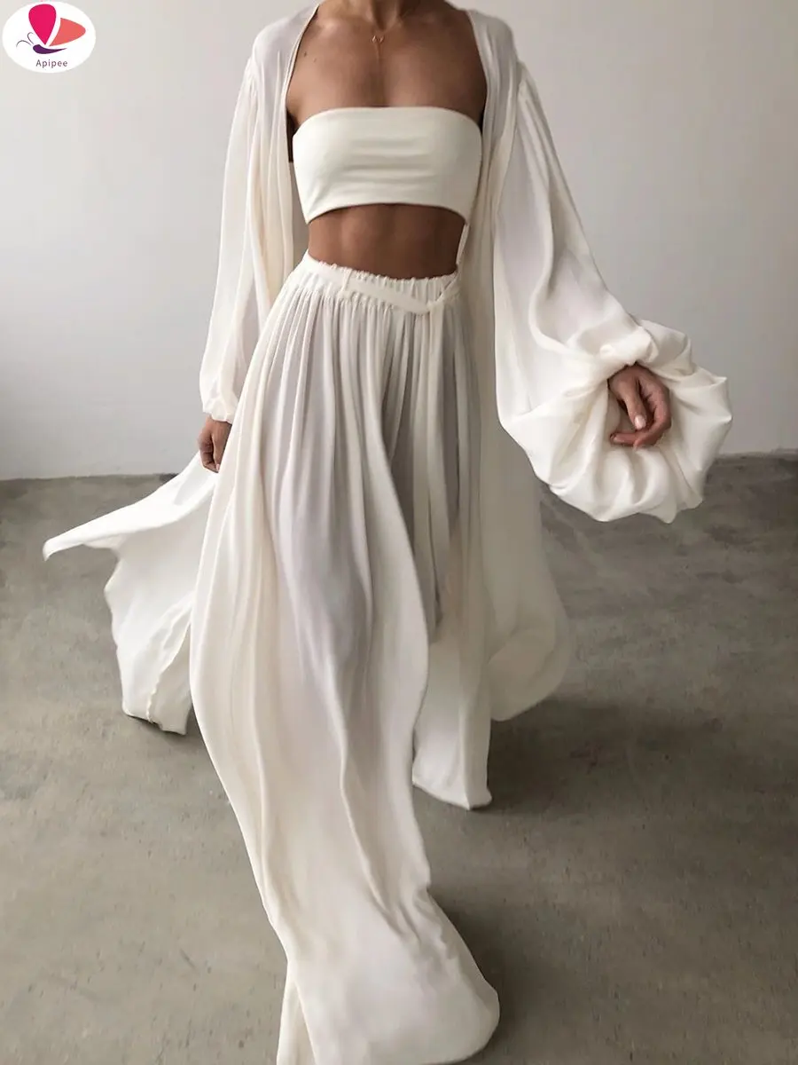 

Spring Soft Women Three Piece Set Fashion Wrap Cardigan Tops And High Waist Pants Suit Female Casual Simple Tracksuits Homewear
