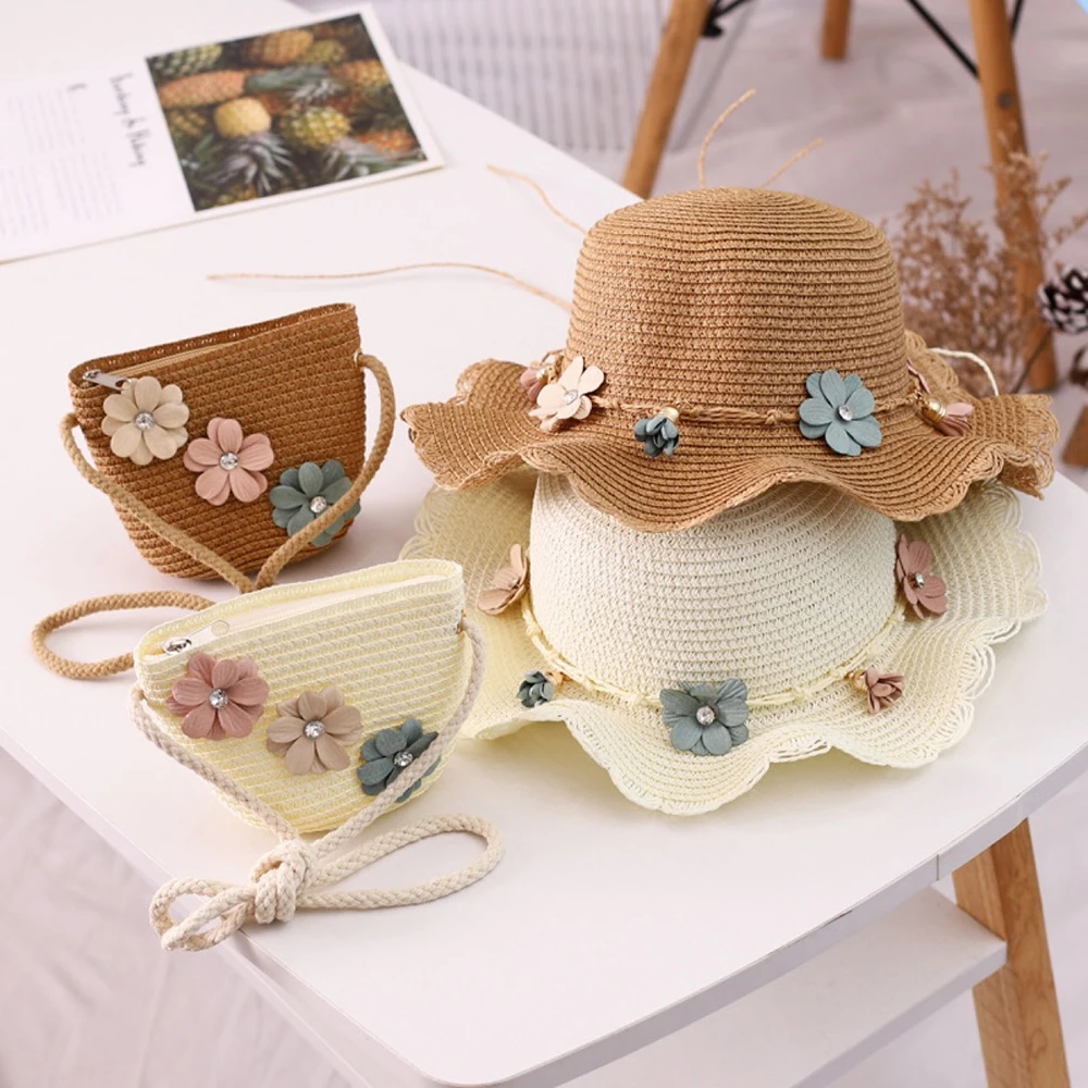 

Kid Girl Princess Sun Hat Summer Children Straw Hat Beauty Floral Girl Spring Cap Beach Visor Hat With Straw Bag Two-piece Sets