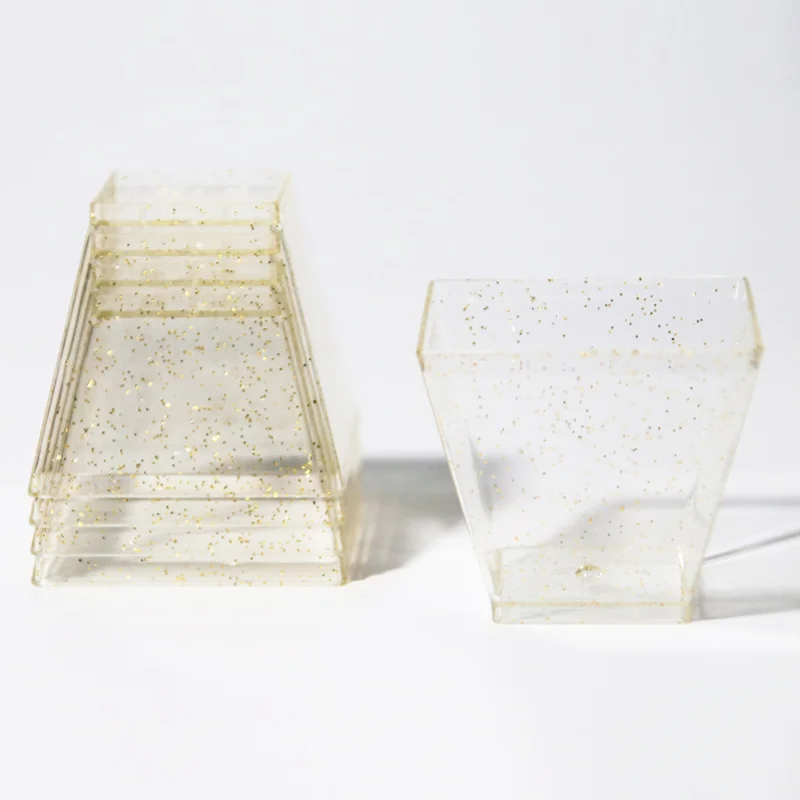 

50pcs 60ml 2oz Reusable Plastic Cups Portion Glitter Trapezoidal Dessert Cups Mini Food Container for Jelly Yogurt Mousses