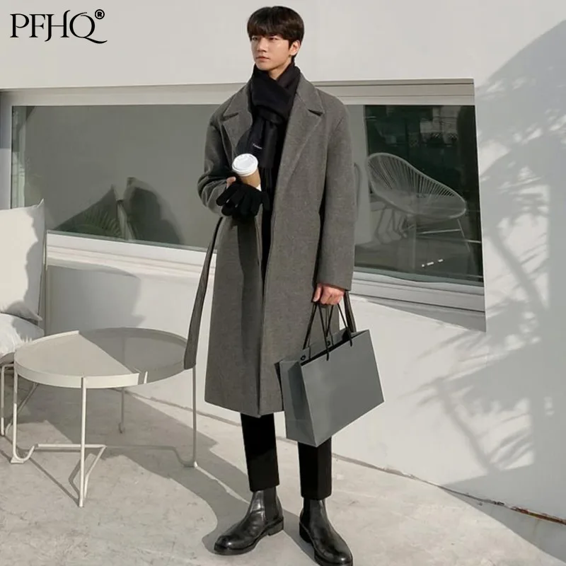 

PFHQ Korean Winter Woolen Overcoat Men Long Style Trend Handsome Over Knee Thickening Medium Length Grey Coat With Belt 21D1141