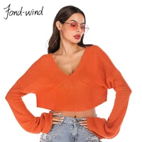 fond wind autumn winter ladies sweater loose solid color pop short knitted pullover long sleeve v neck casual streetwear