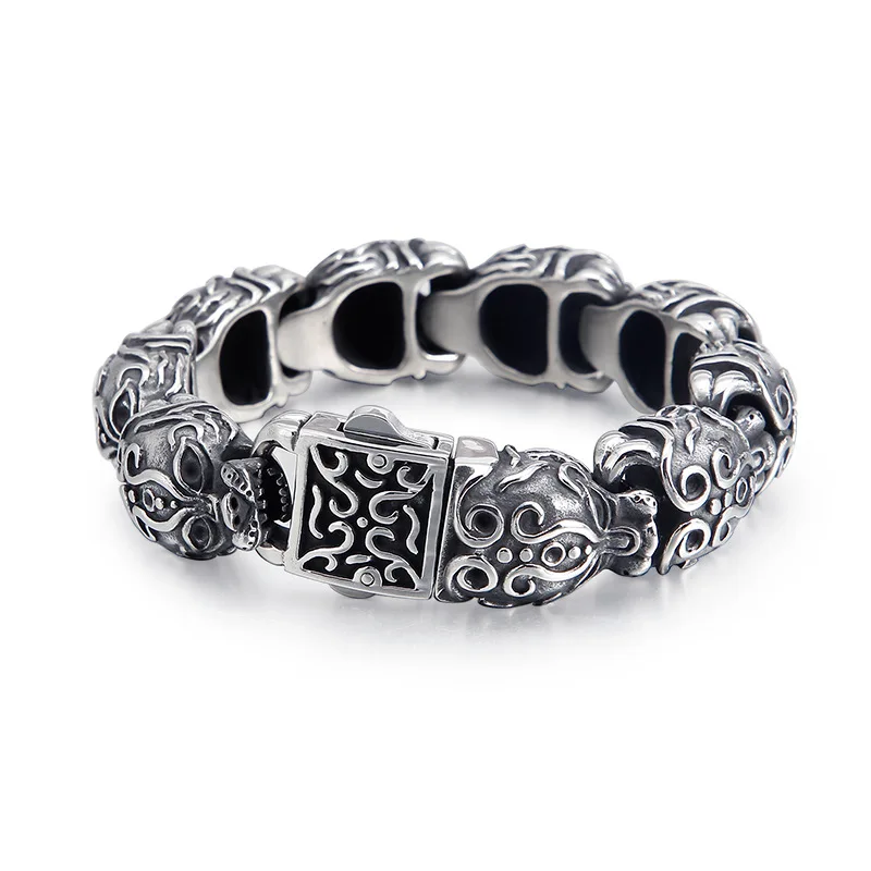 

New Style Domineering Casting Bracelets Retro Doing Old Pattern Totem Skull Head Men Ttanium Steel Bracelet