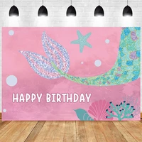 pink little mermaid photo backdrop kids baby shower happy birthday party photograph background banner photocall decoration