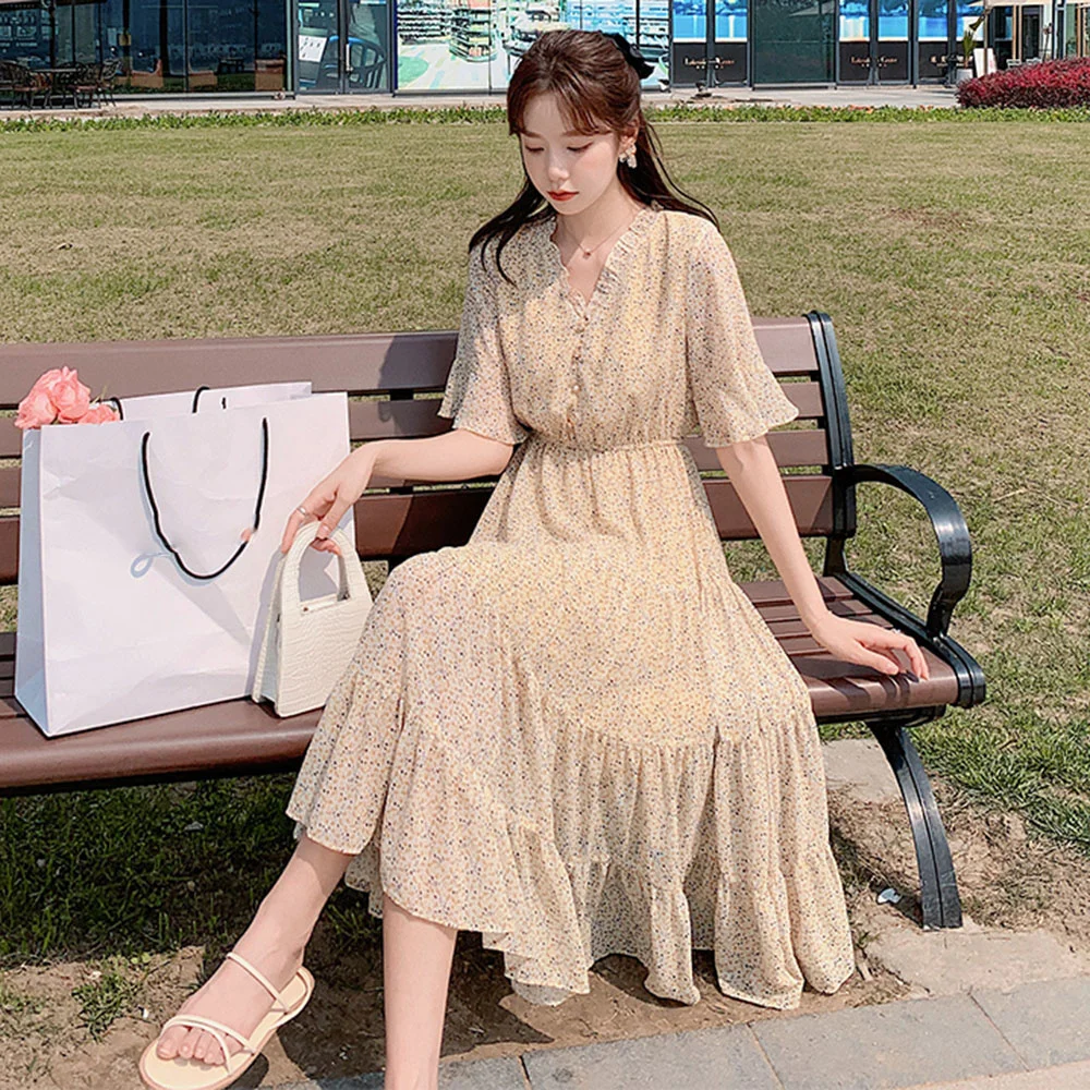 

Japan Style Casual Elegant Designer Women's Dress 2021 Summer Korean Fashion Chiffon Floral Printing V-neck Flared Sleeves