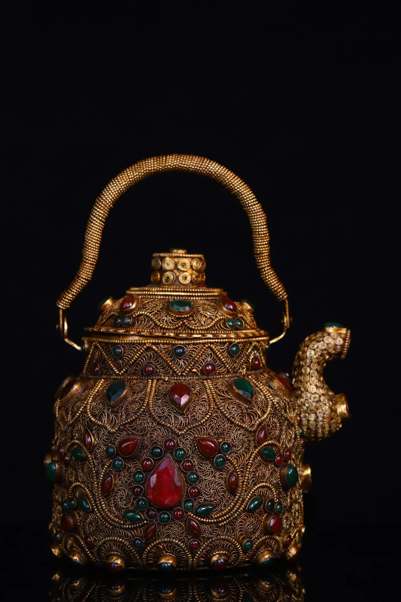 

9"Tibetan Temple Collection Old Tibetan silver Gilt mosaic Gem Handle pot teapot kettle Hidden pot Ornaments Town House Exorcism