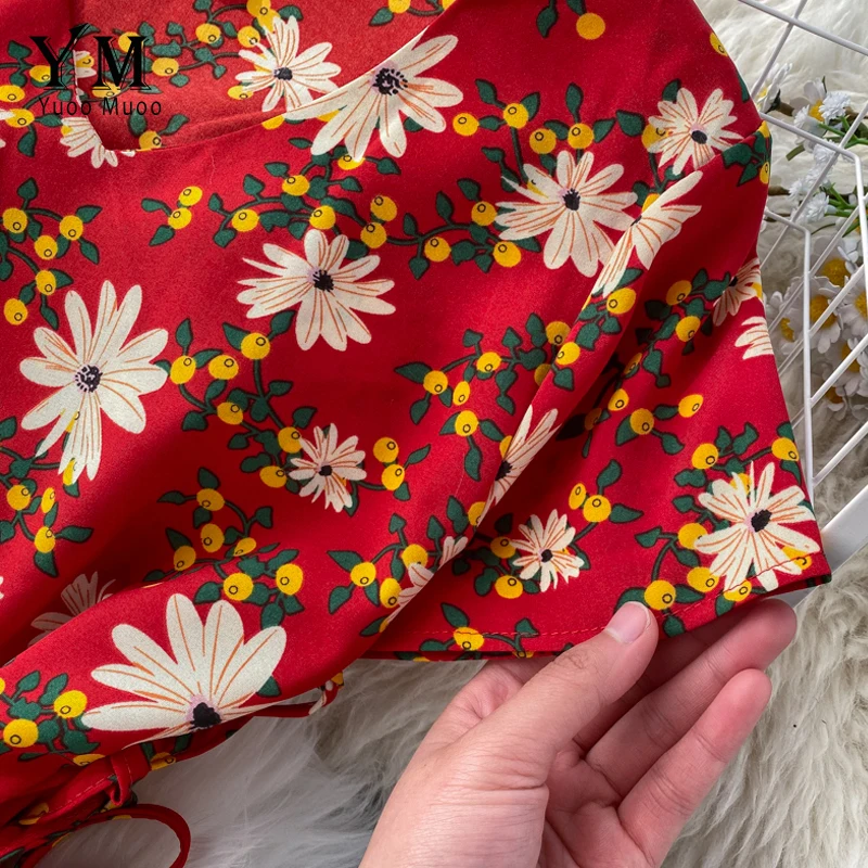 YuooMuoo Flower Print Elegant Women Dress Short Sleeve Vintage Midi Beach Party V Neck Drawstring A Line Streetwear | Женская одежда
