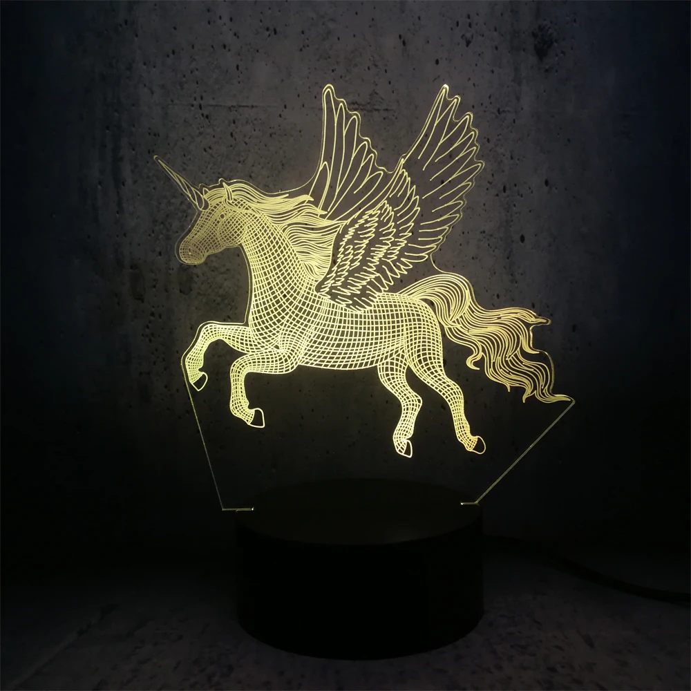 3D светодиодный светильник ночник с крылатым единорогом RGB лампа вечерние