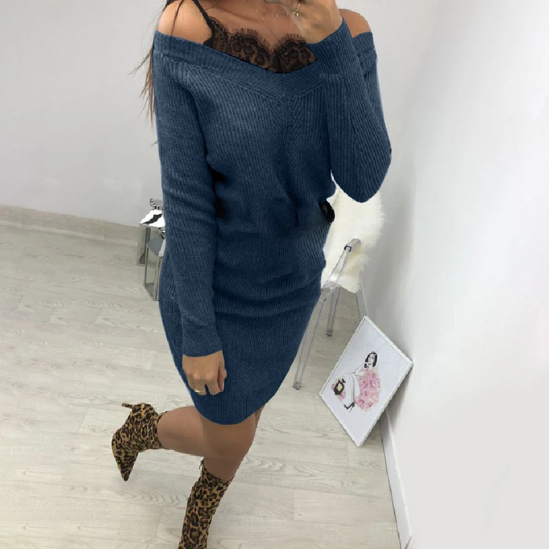 Женское платье свитер однотонное кружевное мини с v образным вырезом и длинным