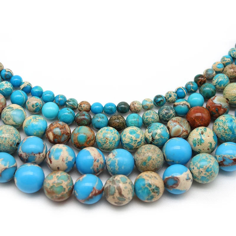 

Natural Lake Blue Sea Sediment Turquoises Stone Imperial Jaspers Round Loose Beads 4 6 8 10 12MM Pick Size DIY Bracelet 15"