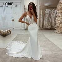 lorie boho wedding dresses v neck appliques lace mermaid elegant wedding gown spaghetti strap sexy country bridal dress 2021