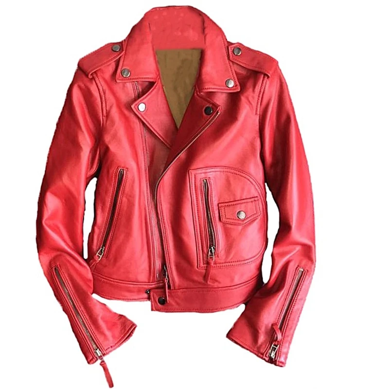 Women Automotive Genuine Leather Jacket and Coats Red and Black High Street Real Sheep Leather Jackets Ladys Fashion Streetwear