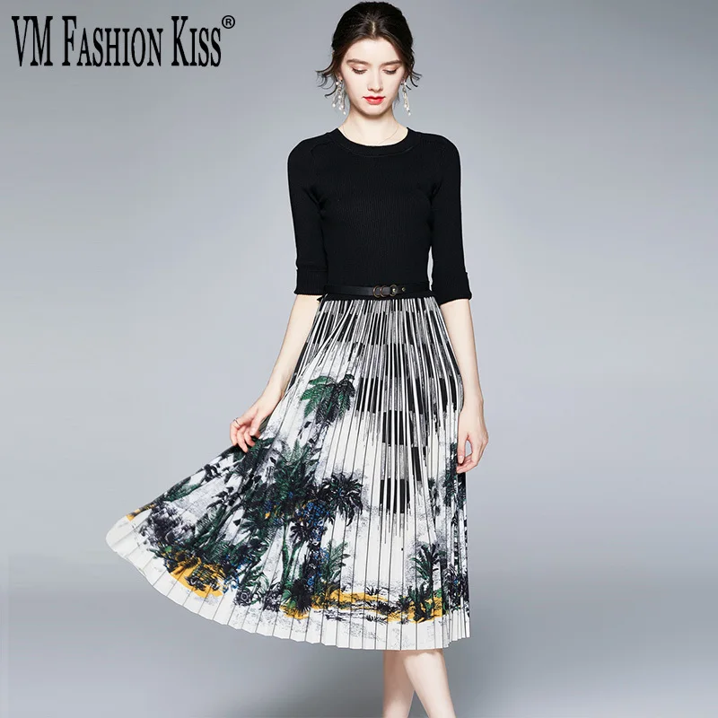 

VM FASHION KISS 2021 New Autumn Women Vintage Dresses O-Neck High Waist Chiffon Printing Knee-length Dress Vestido De Festa