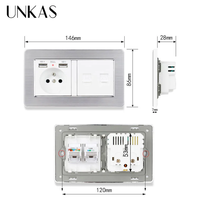UNKAS Нержавеющая сталь Панель французская Розетка с двойным USB зарядка Порты и