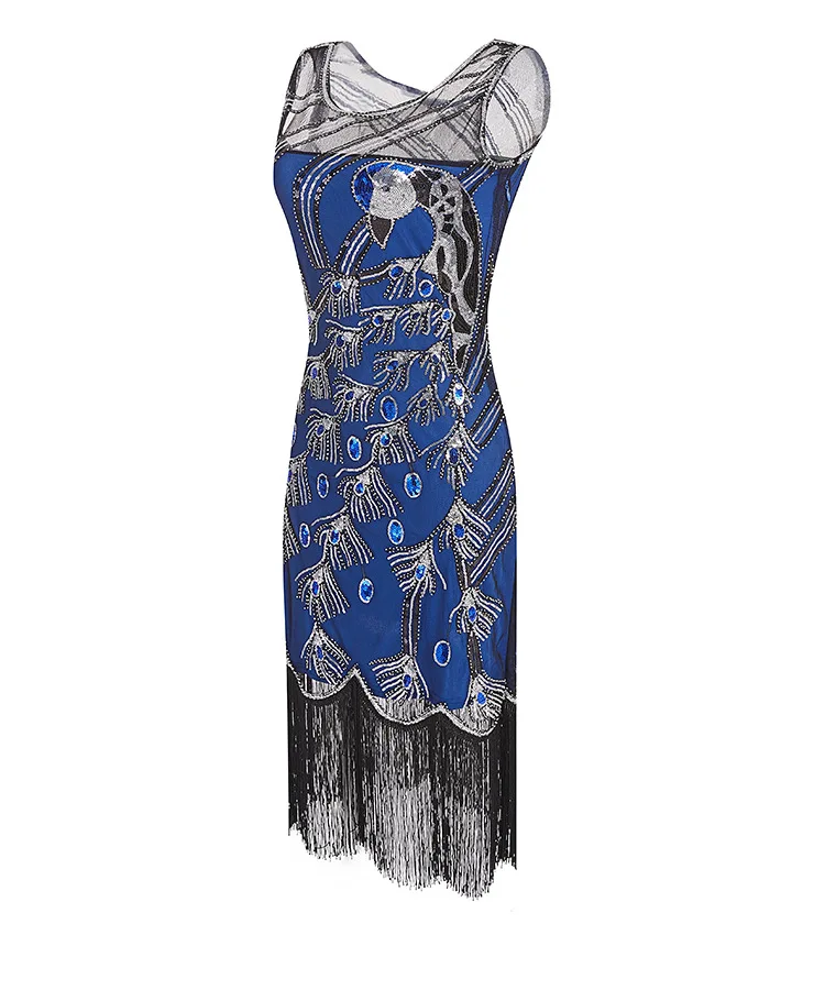 Женское платье 1920-х годов Great Gatsby Vintage с блестками, в стиле арт-деко, с двойным флаппером на горловине, бисером и дополнительной отделкой рюшами.