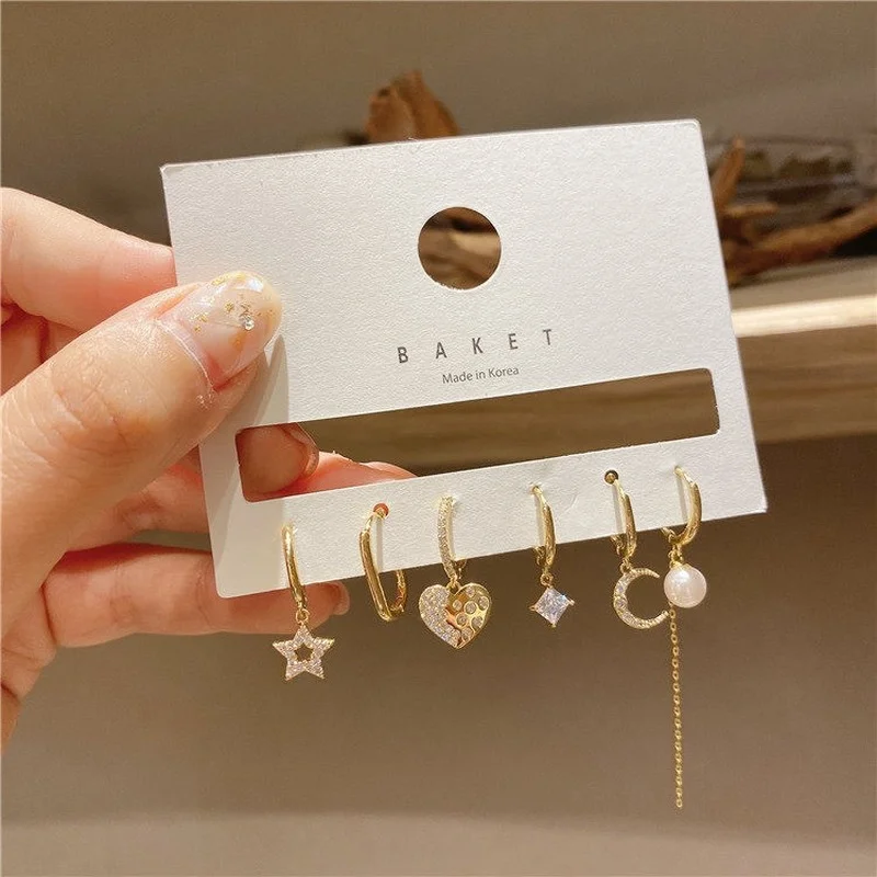 

Women's jewelry star and moon pearl pendant earrings six-piece set Small and cute earrings Korean earrings fashion accessories