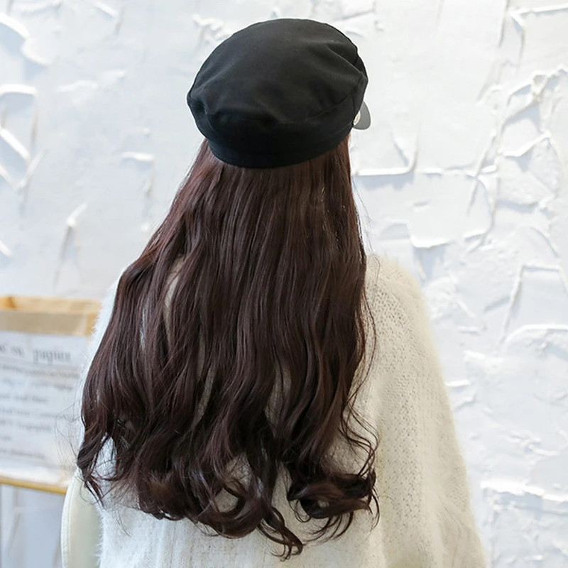 

Fashion Korean Synthetic Brown Long Wavy Wig Hat Women Octagonal Beret Naturally Cap Wigs For Party