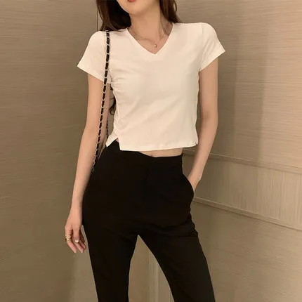 

HAN Short-sleeved T-shirt women summer new white V-neck wild fashion self-cultivation split simple pure color was thin