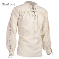 samlona casual shirt mens autumn new lace up linen shirts lantern sleeve tops blouse men jogging solid color shirt men clothing