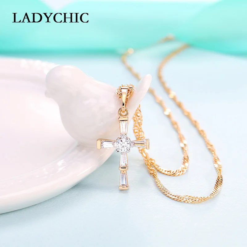 LADYCHIC Cute Female Cross Pendant Necklaces Fashion Dainty Gold Choker Necklace Clear Crystal Small Pendant Jewelry Gift LN1086