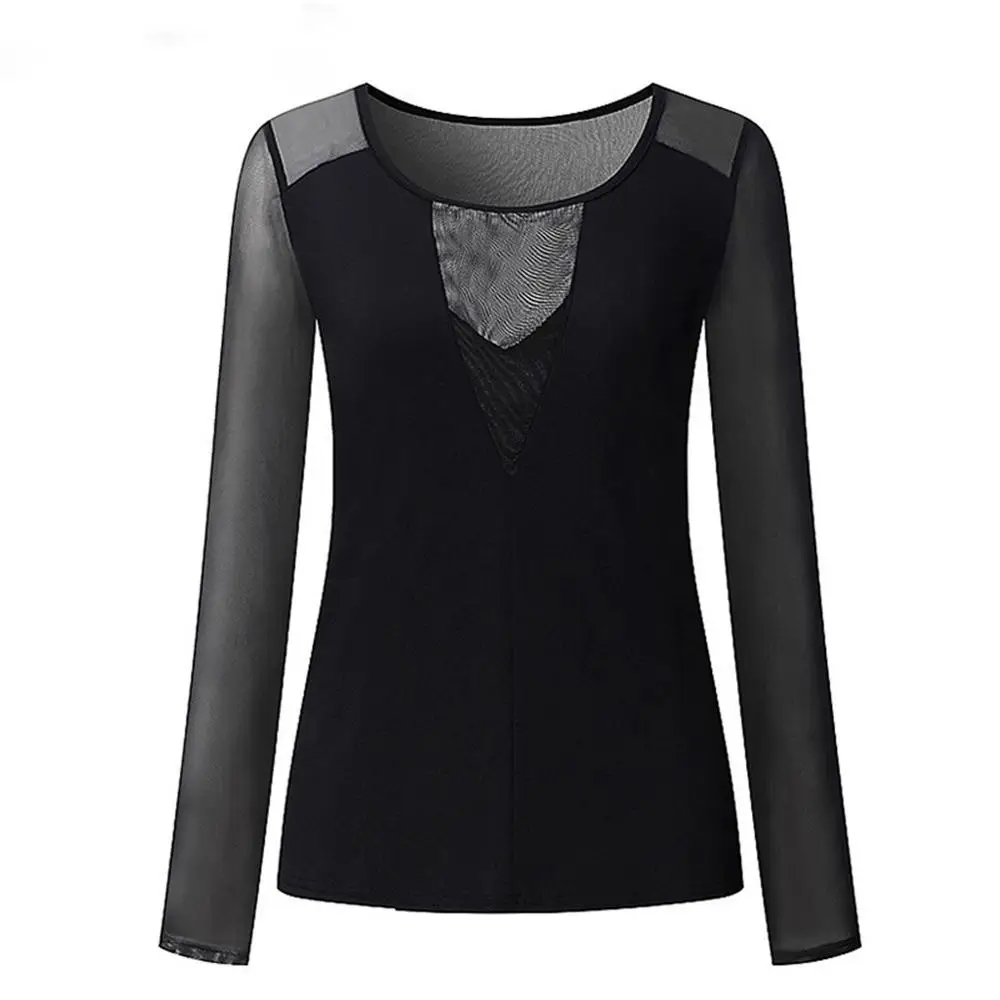 Camisa das Mulheres сексуальный Perspectiva de Malha Transparente Com Decote Em V Manga Comprida Camisa Sheer Camisa das Mulheres Top T