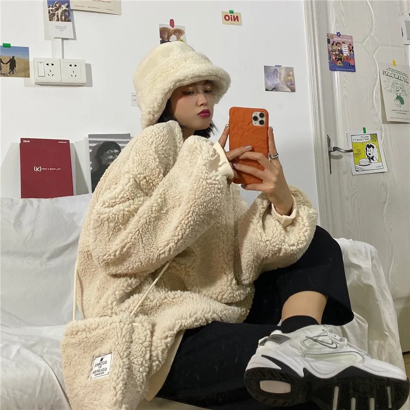 Женские толстовки в Корейском стиле свободная пушистая теплая однотонная
