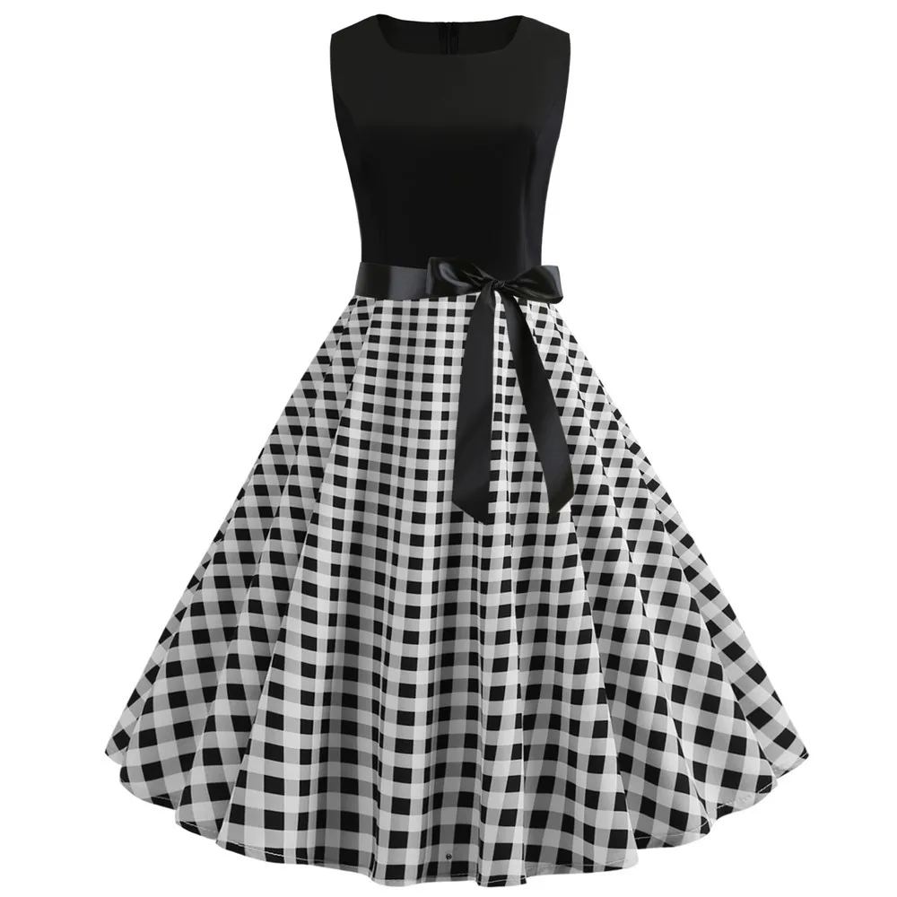 

Women Dress 2020 Hot Sale Sleeveless Vintage Men's Gingham Print Big Dress with Ribbon