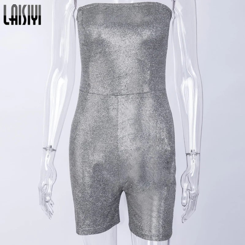 Женский Блестящий однотонный комбинезон LAISIYI без рукавов летний серебристый