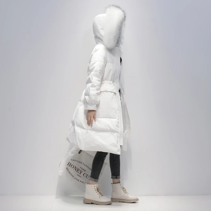 Женское длинное пуховое пальто Janveny куртка на белом утином пуху с капюшоном и