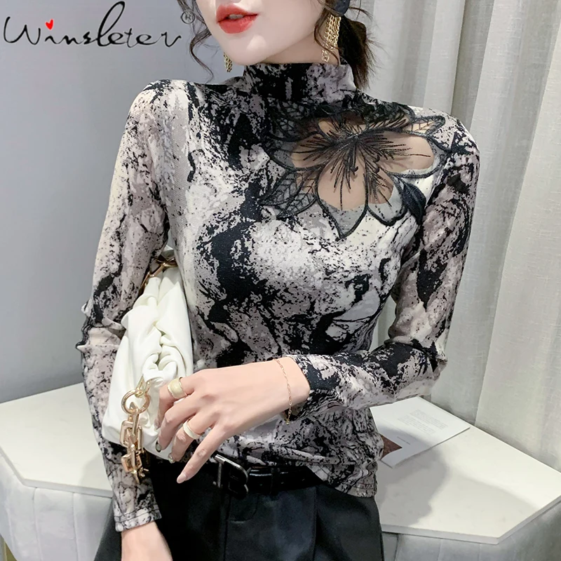 

Женская футболка с длинным рукавом, кружевная, в европейском стиле, на осень/зиму, T19328A