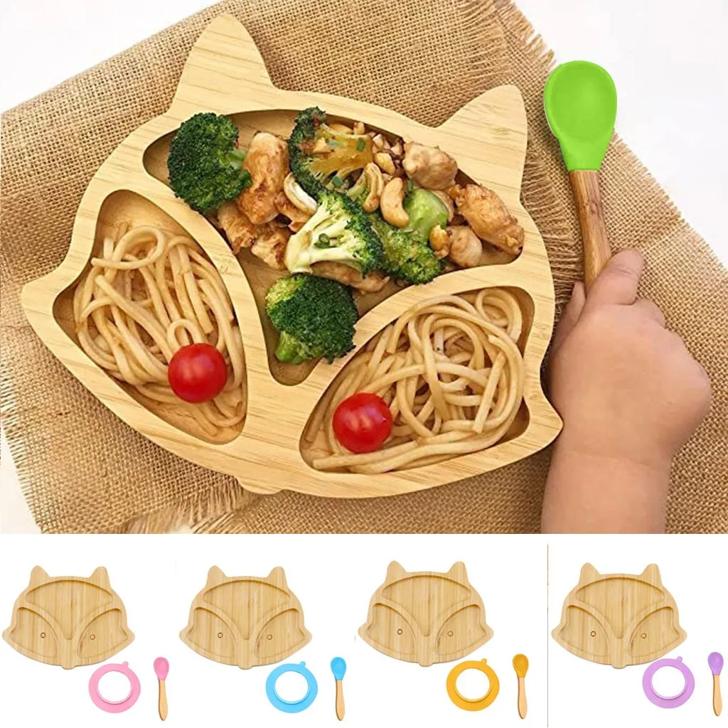 Bebê da Criança de Bambu Tigela de Alimentação Colher de Sucção Utensílios de Cozinha Placa Ovelha Silicone Sucção Conjunto Criativo Raposa Tigela f5