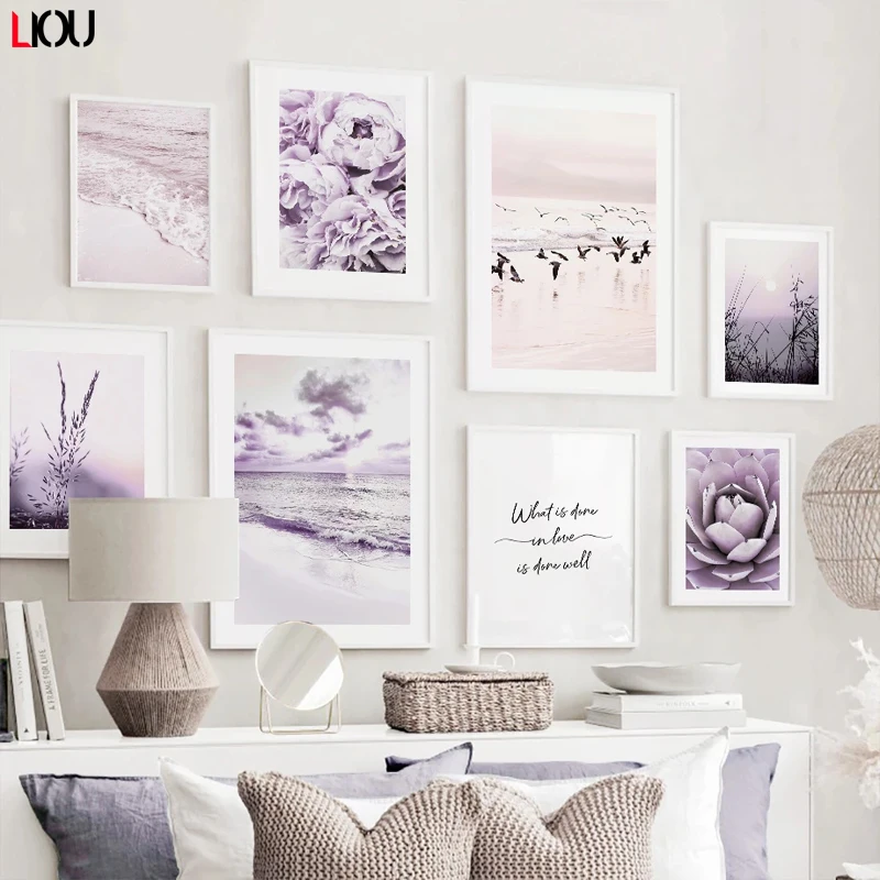 Картина холст фиолетовый sea purple pink peony seagull настенное искусство скандинавские