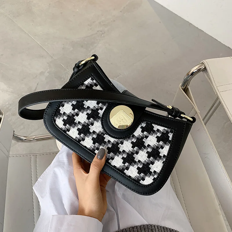 

Women Houndstooth Stitching Handbag Design Retro Metal Round Buckle Handbags New Shoulder Bag Underarm Bag Crossbody Bags Totes