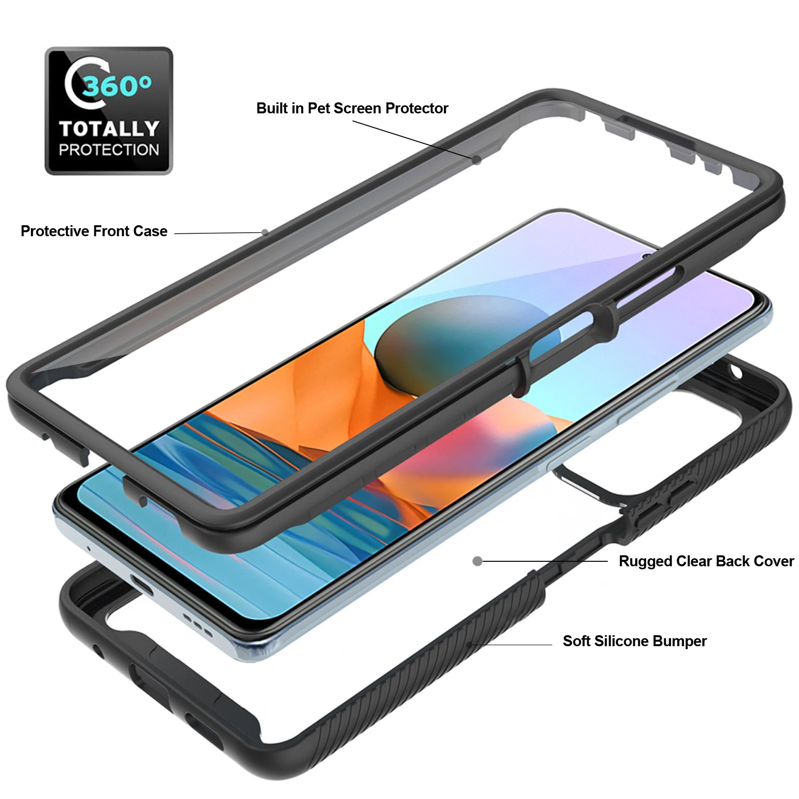 Rugged Clear Back Cover With Screen Protector Soft Silicone Bumper 360 Full Body Mobile Phone Bags For Xiaomi Redmi Note 10 Case