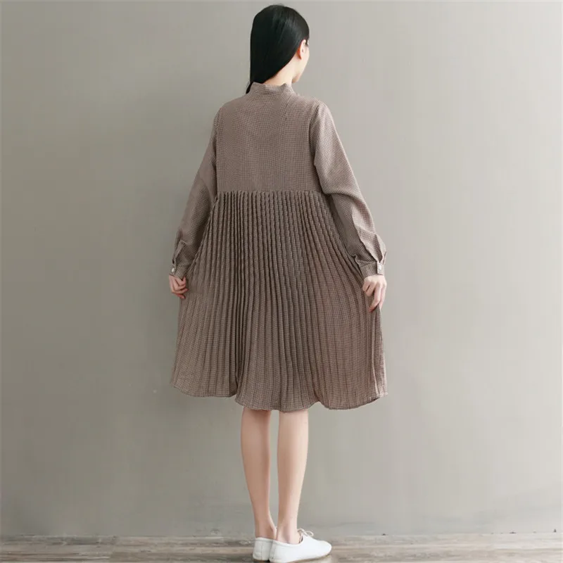 

2021 Mori Girl Spring Autumn Women Pleated Dress Stand Collar Vintage Plaid Vestidos Full Sleeve Elegant Chiffon Dress M-2XL