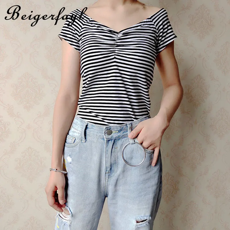 Beigerfayl футболка Camisetas Mujer Manga Corta полосатый дропшиппинг с открытыми плечами Топ для